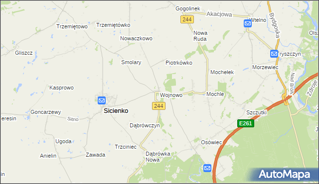 mapa Wojnowo gmina Sicienko, Wojnowo gmina Sicienko na mapie Targeo