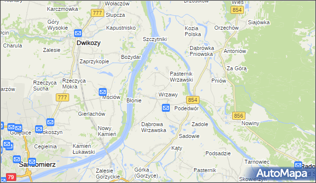 mapa Wrzawy gmina Gorzyce, Wrzawy gmina Gorzyce na mapie Targeo