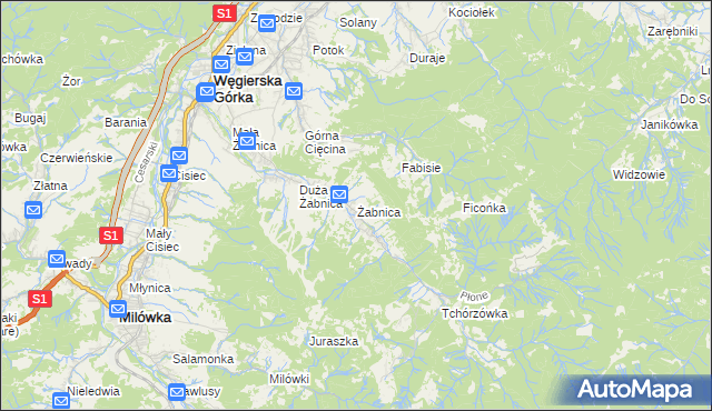 mapa Żabnica gmina Węgierska Górka, Żabnica gmina Węgierska Górka na mapie Targeo