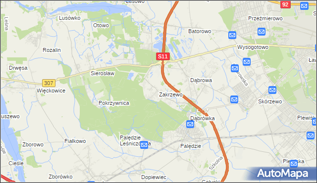 mapa Zakrzewo gmina Dopiewo, Zakrzewo gmina Dopiewo na mapie Targeo