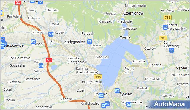 mapa Zarzecze gmina Łodygowice, Zarzecze gmina Łodygowice na mapie Targeo