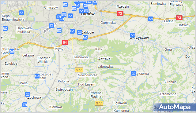 mapa Zawada gmina Tarnów, Zawada gmina Tarnów na mapie Targeo