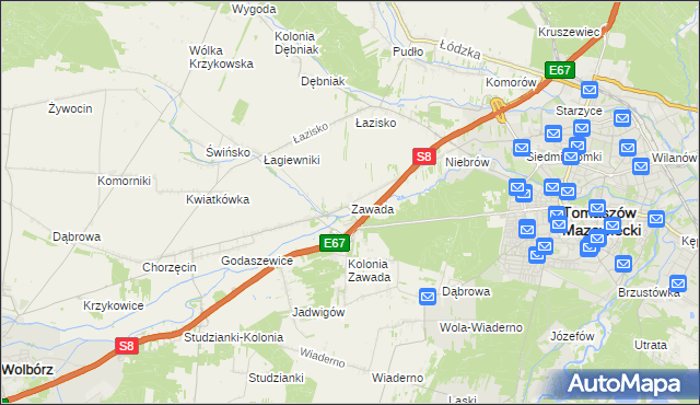 mapa Zawada gmina Tomaszów Mazowiecki, Zawada gmina Tomaszów Mazowiecki na mapie Targeo