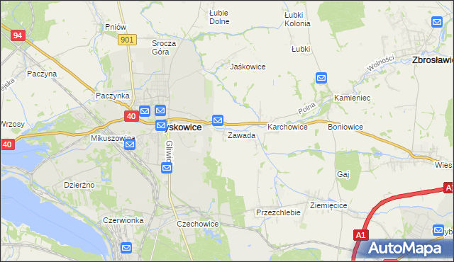 mapa Zawada gmina Zbrosławice, Zawada gmina Zbrosławice na mapie Targeo