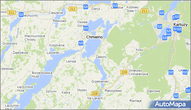 mapa Zawory gmina Chmielno, Zawory gmina Chmielno na mapie Targeo