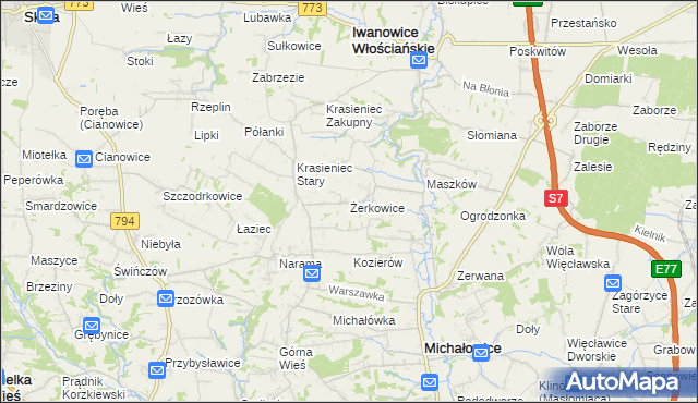 mapa Żerkowice gmina Iwanowice, Żerkowice gmina Iwanowice na mapie Targeo