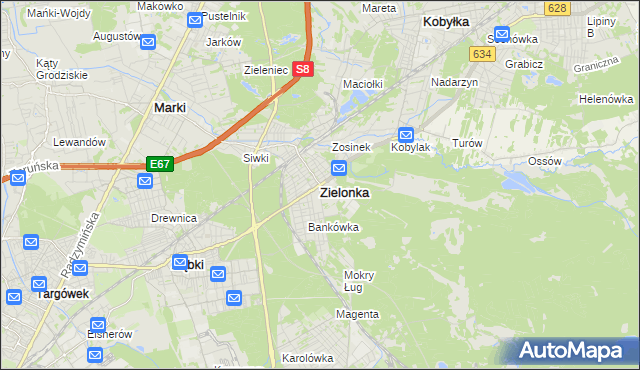 mapa Zielonka powiat wołomiński, Zielonka powiat wołomiński na mapie Targeo