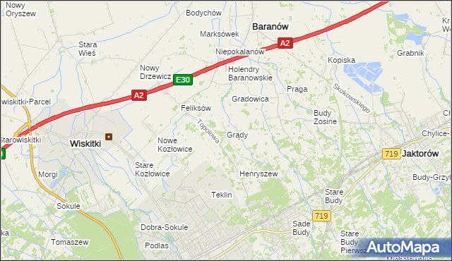 mapa Grądy gmina Jaktorów, Grądy gmina Jaktorów na mapie Targeo
