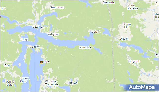 mapa Kruszyna gmina Kościerzyna, Kruszyna gmina Kościerzyna na mapie Targeo