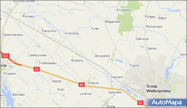mapa Januszewo gmina Środa Wielkopolska, Januszewo gmina Środa Wielkopolska na mapie Targeo
