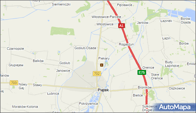 mapa Piekary gmina Piątek, Piekary gmina Piątek na mapie Targeo