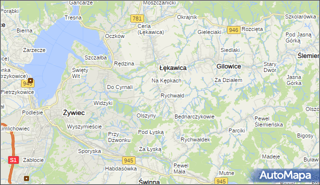 mapa Rychwałd gmina Gilowice, Rychwałd gmina Gilowice na mapie Targeo