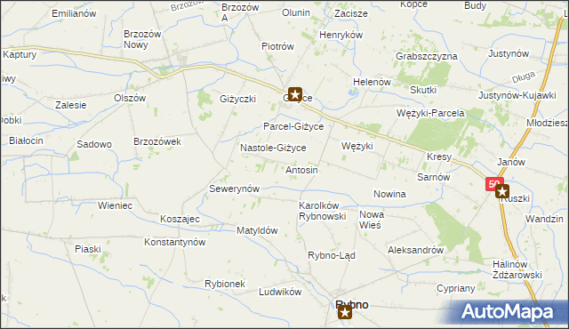 mapa Antosin gmina Rybno, Antosin gmina Rybno na mapie Targeo