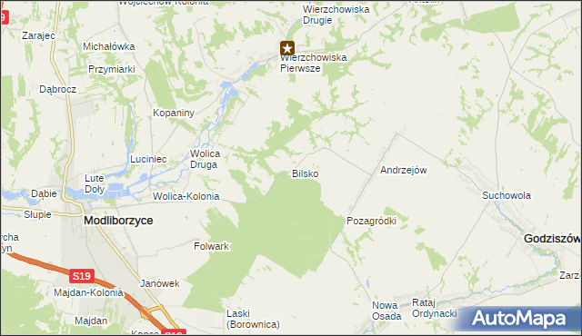 mapa Bilsko gmina Modliborzyce, Bilsko gmina Modliborzyce na mapie Targeo