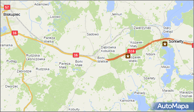 mapa Borki Wielkie gmina Biskupiec, Borki Wielkie gmina Biskupiec na mapie Targeo