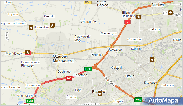 mapa Bronisze gmina Ożarów Mazowiecki, Bronisze gmina Ożarów Mazowiecki na mapie Targeo
