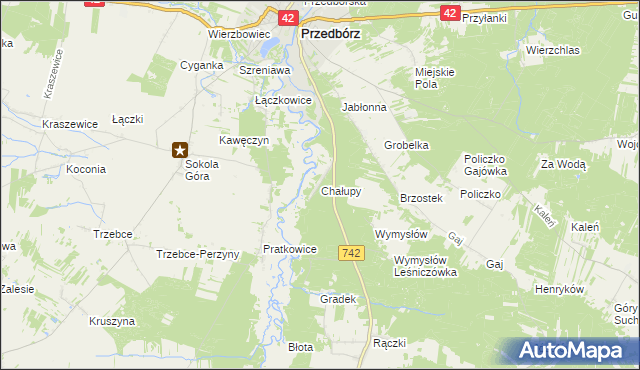 mapa Chałupy gmina Przedbórz, Chałupy gmina Przedbórz na mapie Targeo