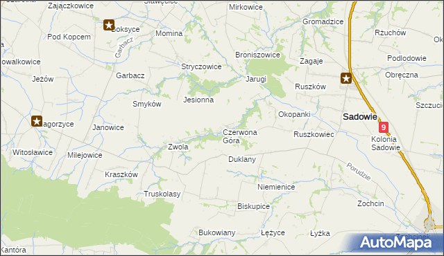 mapa Czerwona Góra gmina Sadowie, Czerwona Góra gmina Sadowie na mapie Targeo