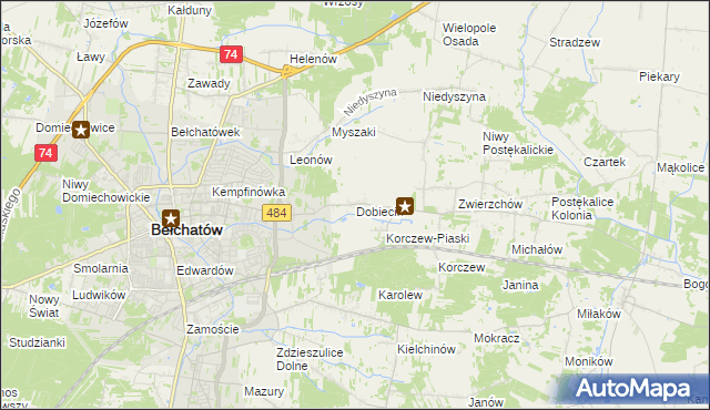 mapa Dobiecin gmina Bełchatów, Dobiecin gmina Bełchatów na mapie Targeo