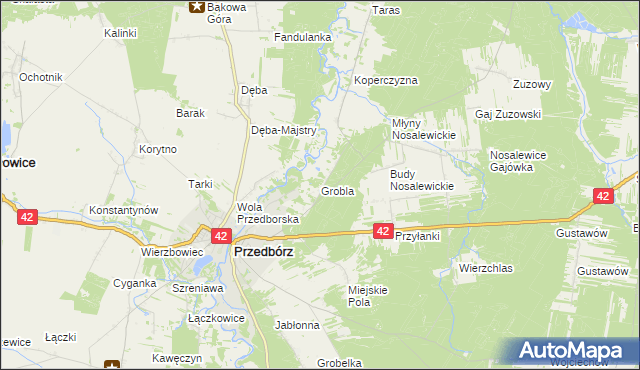 mapa Grobla gmina Przedbórz, Grobla gmina Przedbórz na mapie Targeo