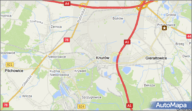 mapa Knurów powiat gliwicki, Knurów powiat gliwicki na mapie Targeo