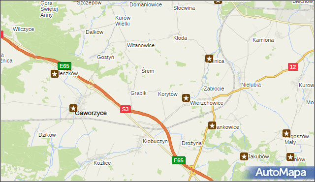 mapa Korytów gmina Gaworzyce, Korytów gmina Gaworzyce na mapie Targeo