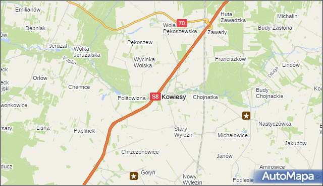 mapa Kowiesy powiat skierniewicki, Kowiesy powiat skierniewicki na mapie Targeo