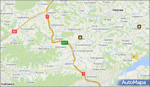 mapa Krzyszkowice gmina Myślenice, Krzyszkowice gmina Myślenice na mapie Targeo