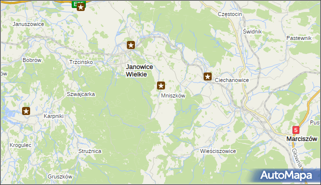 mapa Mniszków gmina Janowice Wielkie, Mniszków gmina Janowice Wielkie na mapie Targeo