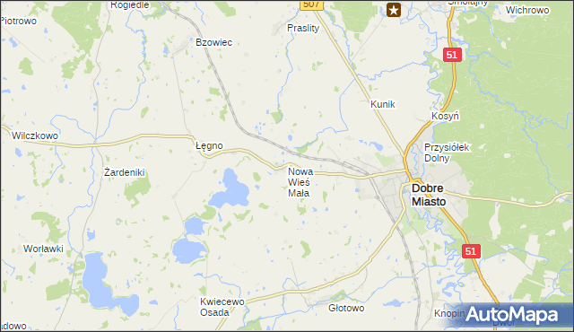 mapa Nowa Wieś Mała gmina Dobre Miasto, Nowa Wieś Mała gmina Dobre Miasto na mapie Targeo