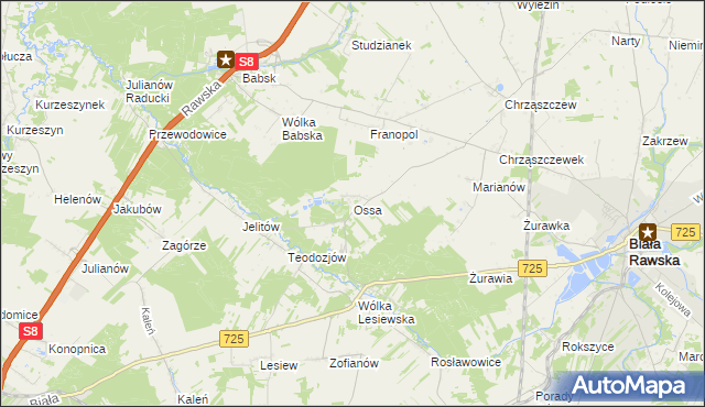 mapa Ossa gmina Biała Rawska, Ossa gmina Biała Rawska na mapie Targeo