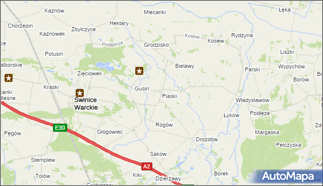 mapa Piaski gmina Świnice Warckie, Piaski gmina Świnice Warckie na mapie Targeo