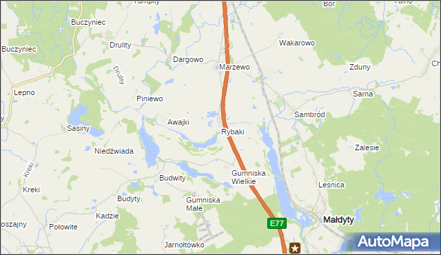 mapa Rybaki gmina Małdyty, Rybaki gmina Małdyty na mapie Targeo