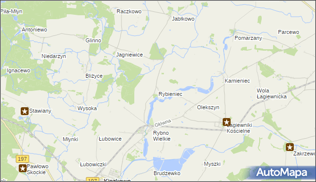 mapa Rybieniec gmina Kiszkowo, Rybieniec gmina Kiszkowo na mapie Targeo