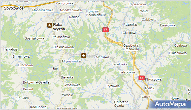 mapa Sieniawa gmina Raba Wyżna, Sieniawa gmina Raba Wyżna na mapie Targeo