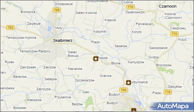 mapa Topola gmina Skalbmierz, Topola gmina Skalbmierz na mapie Targeo