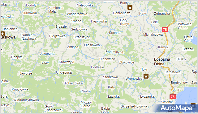 mapa Ujanowice, Ujanowice na mapie Targeo