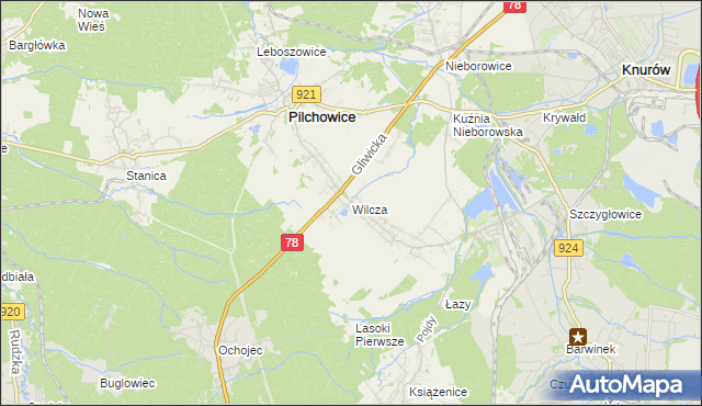 mapa Wilcza gmina Pilchowice, Wilcza gmina Pilchowice na mapie Targeo