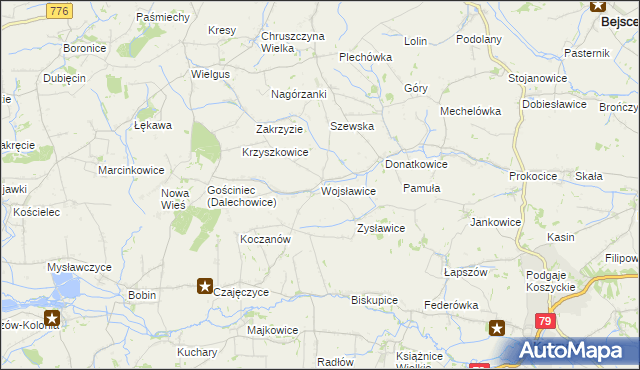 mapa Wojsławice gmina Kazimierza Wielka, Wojsławice gmina Kazimierza Wielka na mapie Targeo