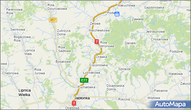 mapa Orawka gmina Jabłonka, Orawka gmina Jabłonka na mapie Targeo