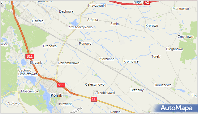 mapa Pierzchno gmina Kórnik, Pierzchno gmina Kórnik na mapie Targeo