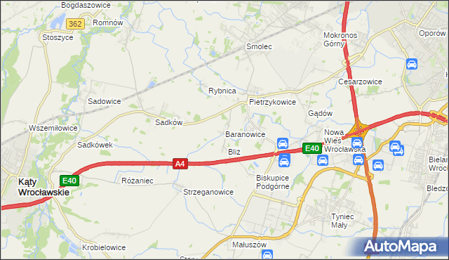 mapa Baranowice gmina Kąty Wrocławskie, Baranowice gmina Kąty Wrocławskie na mapie Targeo