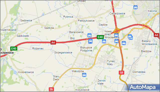 mapa Biskupice Podgórne, Biskupice Podgórne na mapie Targeo