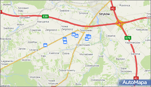 mapa Orzechówek gmina Stryków, Orzechówek gmina Stryków na mapie Targeo