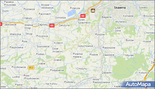 mapa Gołuchowice gmina Skawina, Gołuchowice gmina Skawina na mapie Targeo