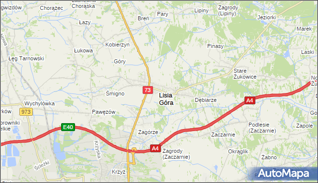 mapa Lisia Góra powiat tarnowski, Lisia Góra powiat tarnowski na mapie Targeo
