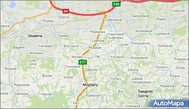 mapa Gaj gmina Mogilany, Gaj gmina Mogilany na mapie Targeo