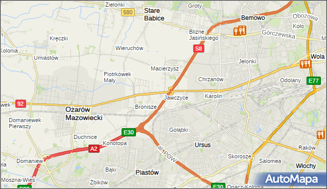 mapa Jawczyce gmina Ożarów Mazowiecki, Jawczyce gmina Ożarów Mazowiecki na mapie Targeo