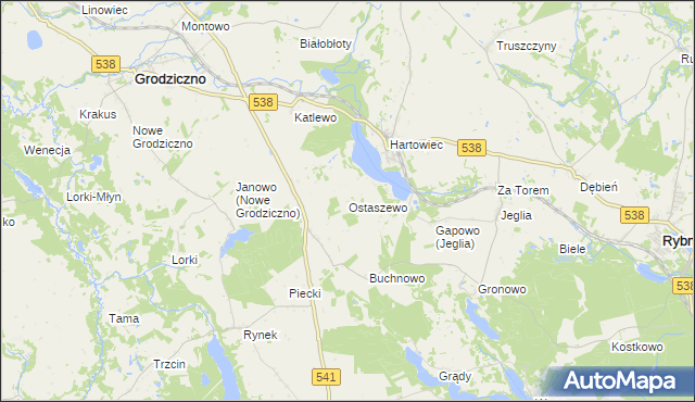 mapa Ostaszewo gmina Grodziczno, Ostaszewo gmina Grodziczno na mapie Targeo