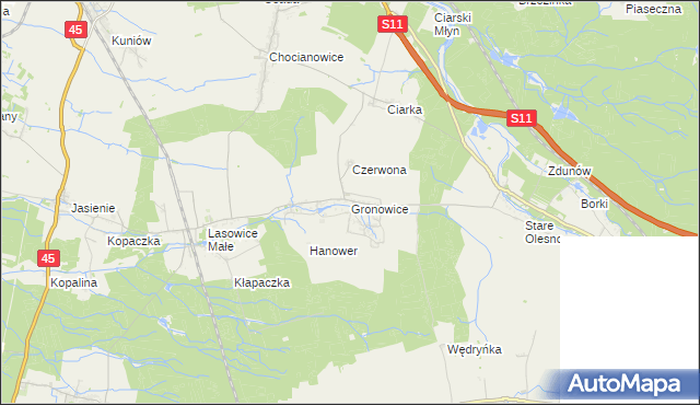 mapa Gronowice gmina Lasowice Wielkie, Gronowice gmina Lasowice Wielkie na mapie Targeo